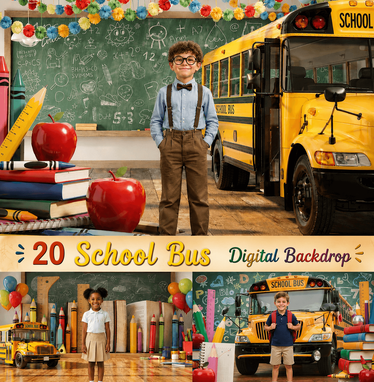 20 Back to School School Bus Digital Backdrops Bundle | School Portrait Backgrounds | Composite Photo Templates | Classroom Photography