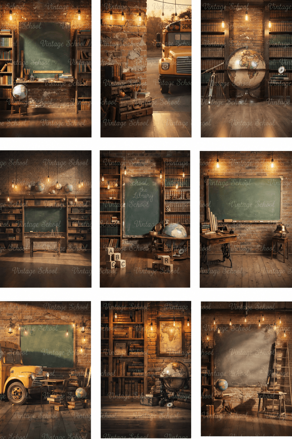 10 Vintage School Digital Backdrops Bundle | Retro Classroom Backgrounds | Library & School Bus Photo Backdrops | School Portrait Composite Templates - Thumbnail 7
