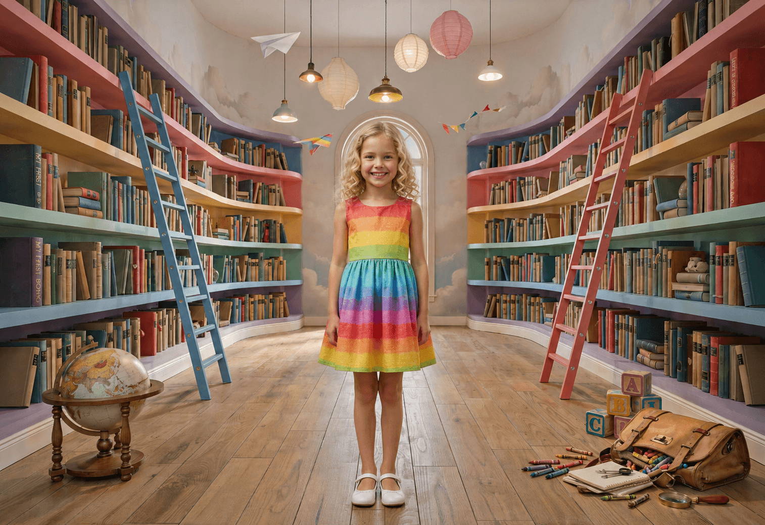 25 Rainbow Library Digital Backdrops Bundle | School Library Backgrounds | Book-Themed Portrait Backdrops | Composite Photo Templates - Thumbnail 2