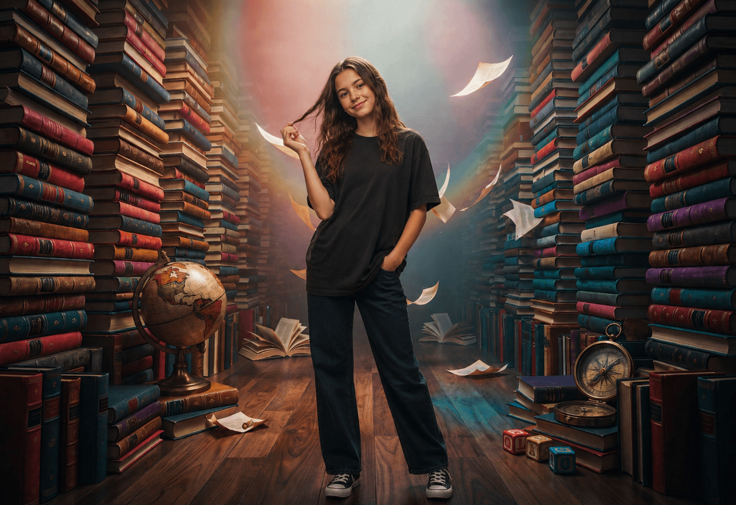 25 Rainbow Library Digital Backdrops Bundle | School Library Backgrounds | Book-Themed Portrait Backdrops | Composite Photo Templates - Thumbnail 6