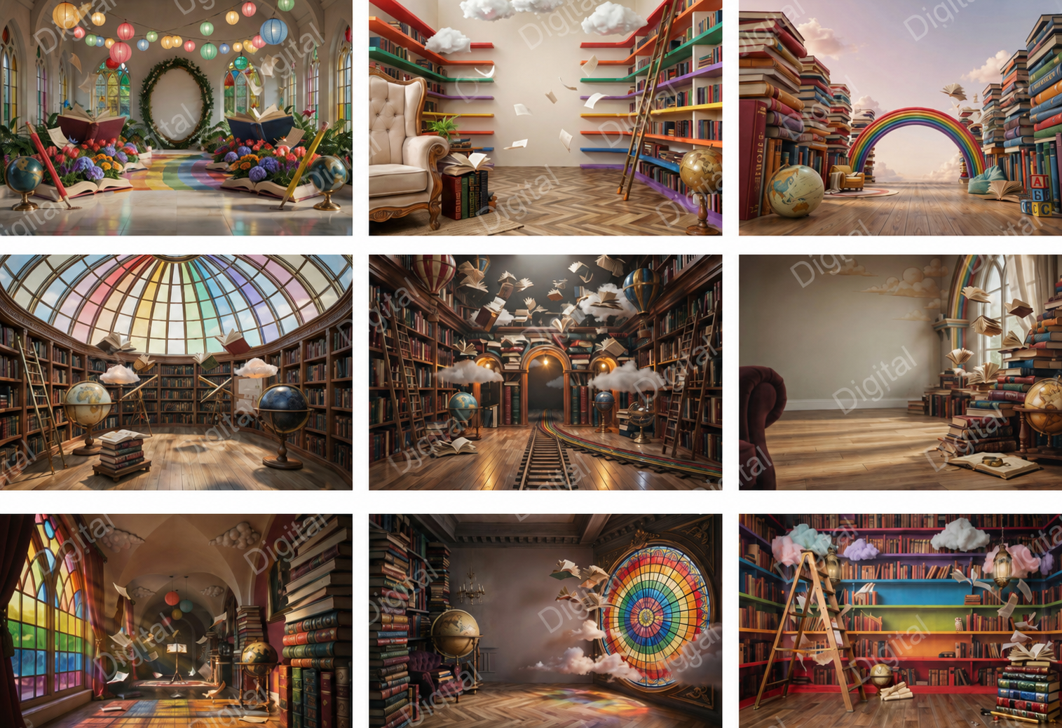 25 Rainbow Library Digital Backdrops Bundle | School Library Backgrounds | Book-Themed Portrait Backdrops | Composite Photo Templates - Thumbnail 9