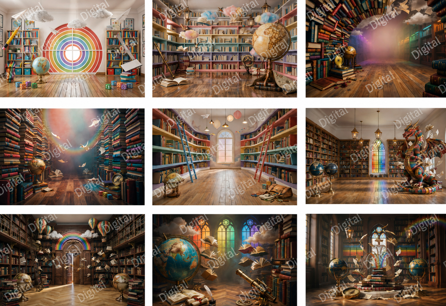25 Rainbow Library Digital Backdrops Bundle | School Library Backgrounds | Book-Themed Portrait Backdrops | Composite Photo Templates - Thumbnail 10