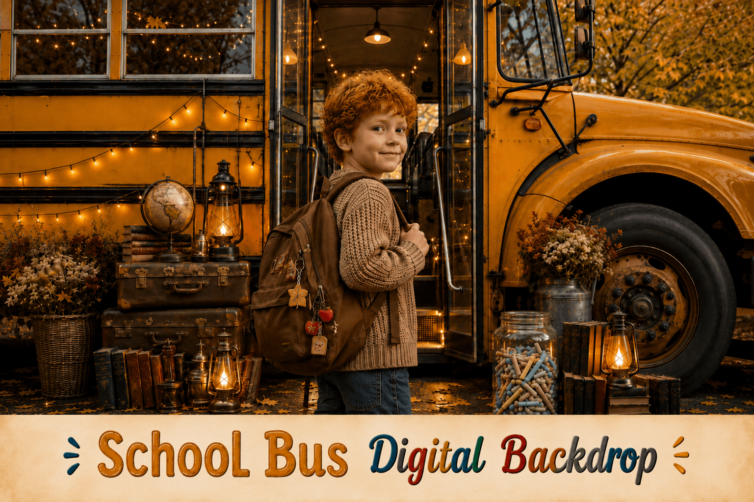 Fall School Bus Digital Backdrop | Back to School Portrait Background | Preschool, Kindergarten & School Portrait Backdrop
