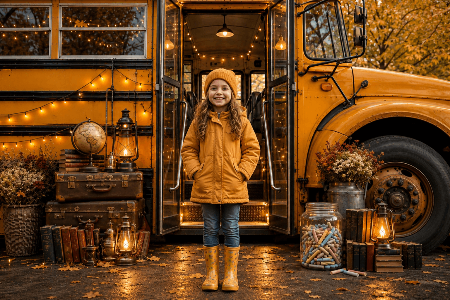 Fall School Bus Digital Backdrop | Back to School Portrait Background | Preschool, Kindergarten & School Portrait Backdrop - Thumbnail 2