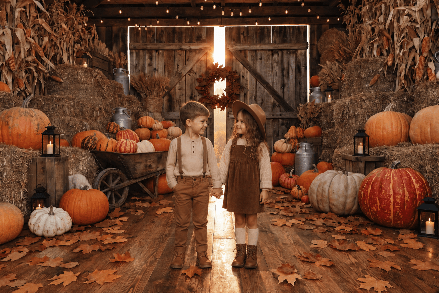 Autumn Barn Digital Background, Fall Pumpkin Patch Backdrop, Rustic Farmhouse Portrait Background, Cozy Barn Scene, Autumn Photography - Thumbnail 2