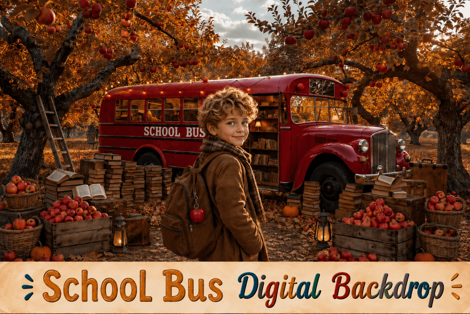 Back to School Digital Backdrop, Autumn School Bus Background, Kindergarten Portrait Backdrop, Fall School Photo Background, JPG PNG