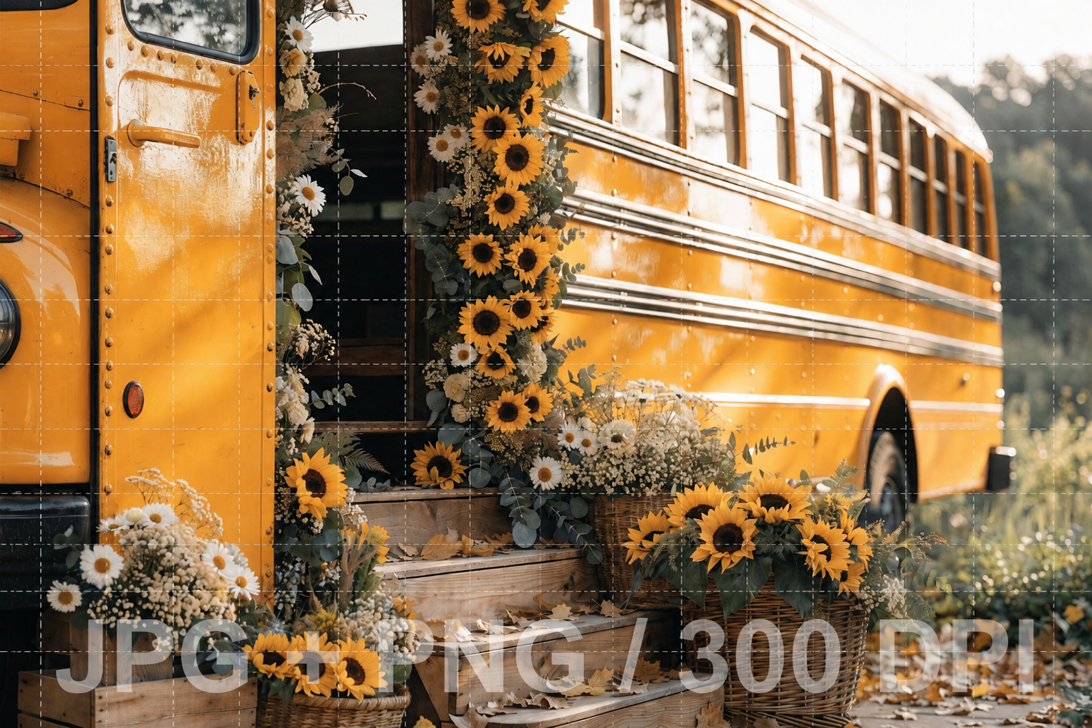 Sunflower School Bus Digital Backdrop, Back to School Background, Yellow Bus Photo Prop, Fall School Portrait Backdrop, JPG PNG 300 DPI - Thumbnail 2