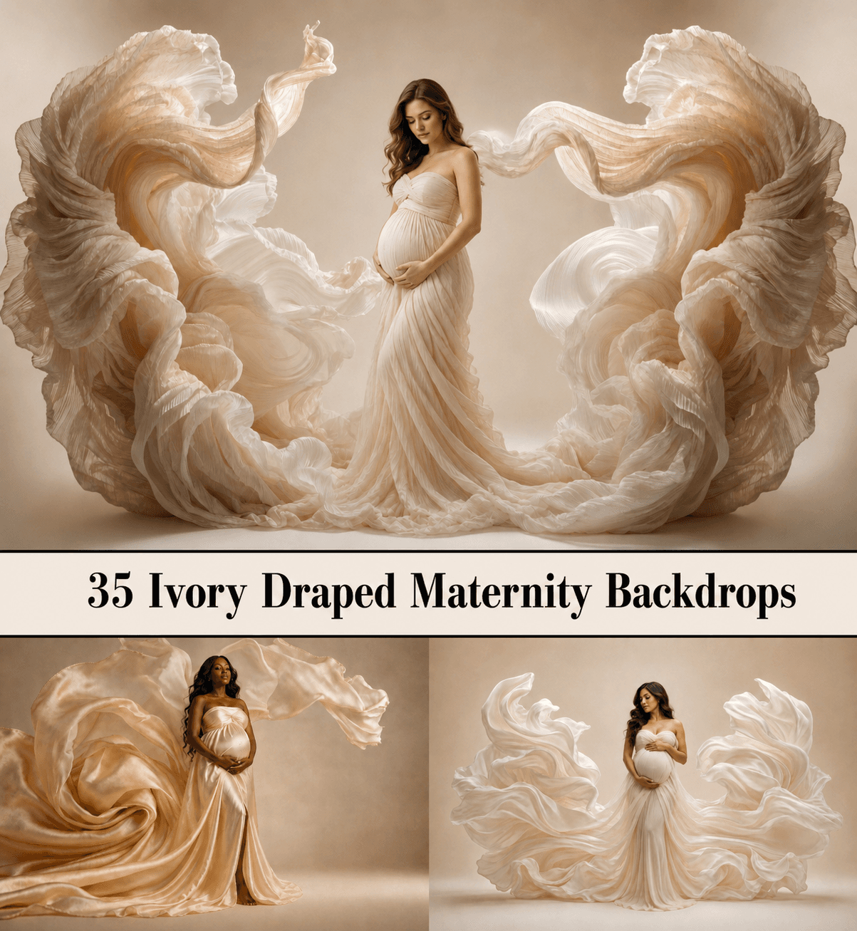35 Ivory Draped Maternity Backdrops, Cream Fabric Pregnancy Backgrounds, Elegant Flowing Cloth Photoshop Overlays,  Photo Backdrop Bundle