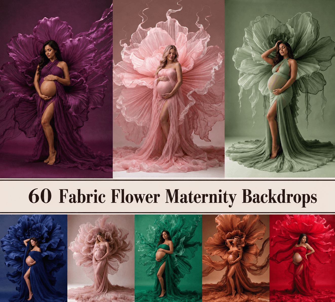 60 Fabric Flower Maternity Digital Backdrops | Luxury Fine Art Studio Portrait & Pregnancy Photography Backdrops