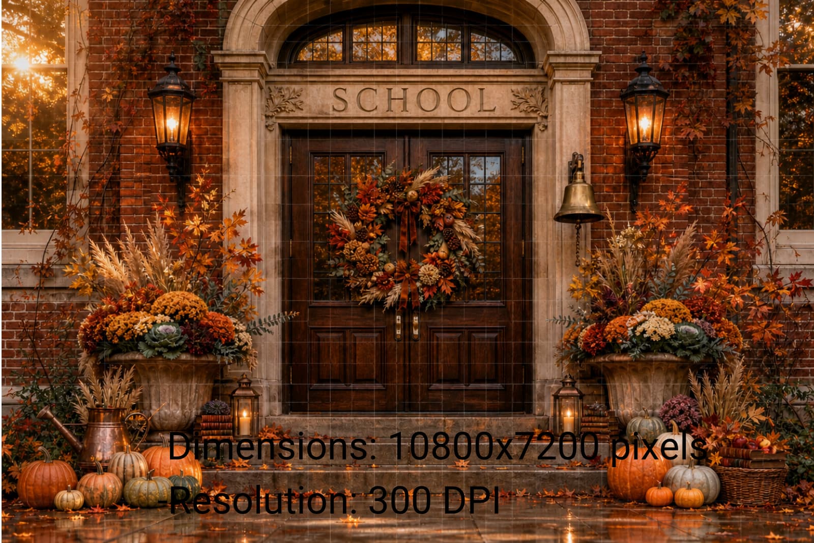Autumn School Portrait Backdrop, Fall Pumpkin Entrance, Vintage Brick Academy Scene, Kids Photography Background, JPG PNG Digital Download - Thumbnail 2