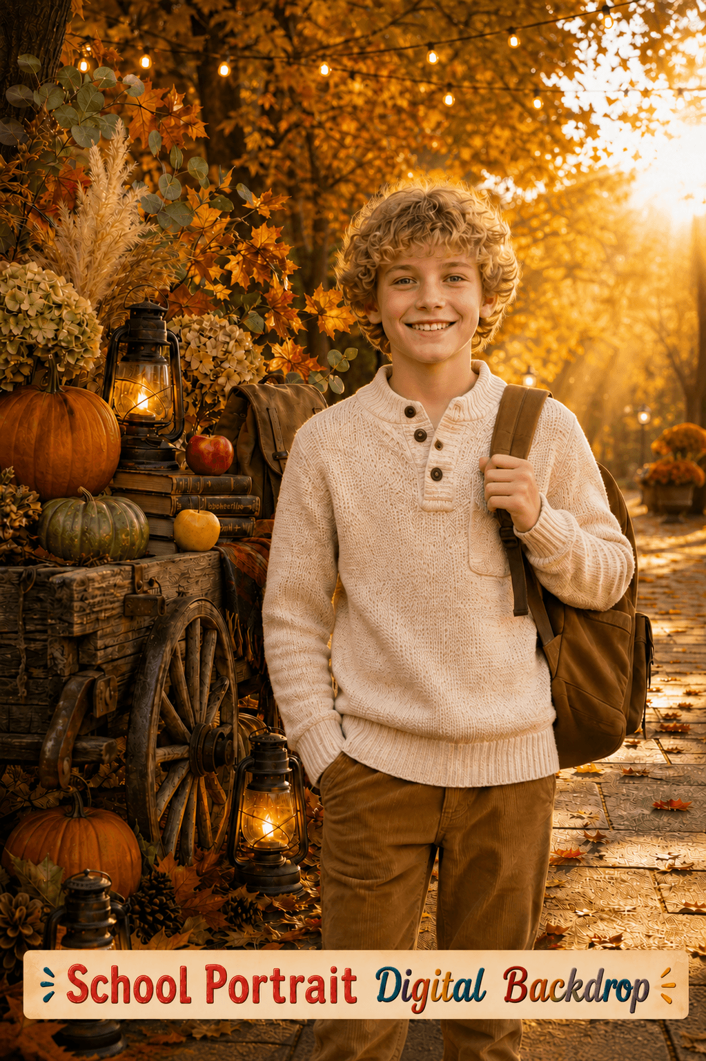 Fall School Portrait Digital Backdrop, Autumn Pumpkin Wagon Background, Cozy Outdoor Photography Scene, PNG JPG Download