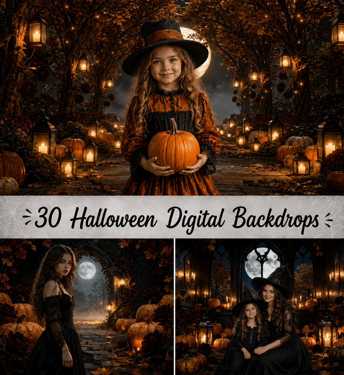 30 Halloween Digital Backdrops, Gothic Haunted Manor Moonlit Pumpkin Photography Backgrounds, Spooky Castle Party Decor