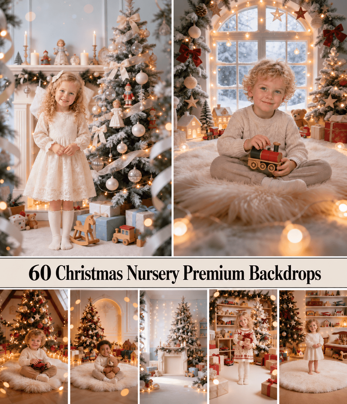 60 Christmas Nursery Digital Backdrops, Vintage Toy Set for Baby Photography - Image 1