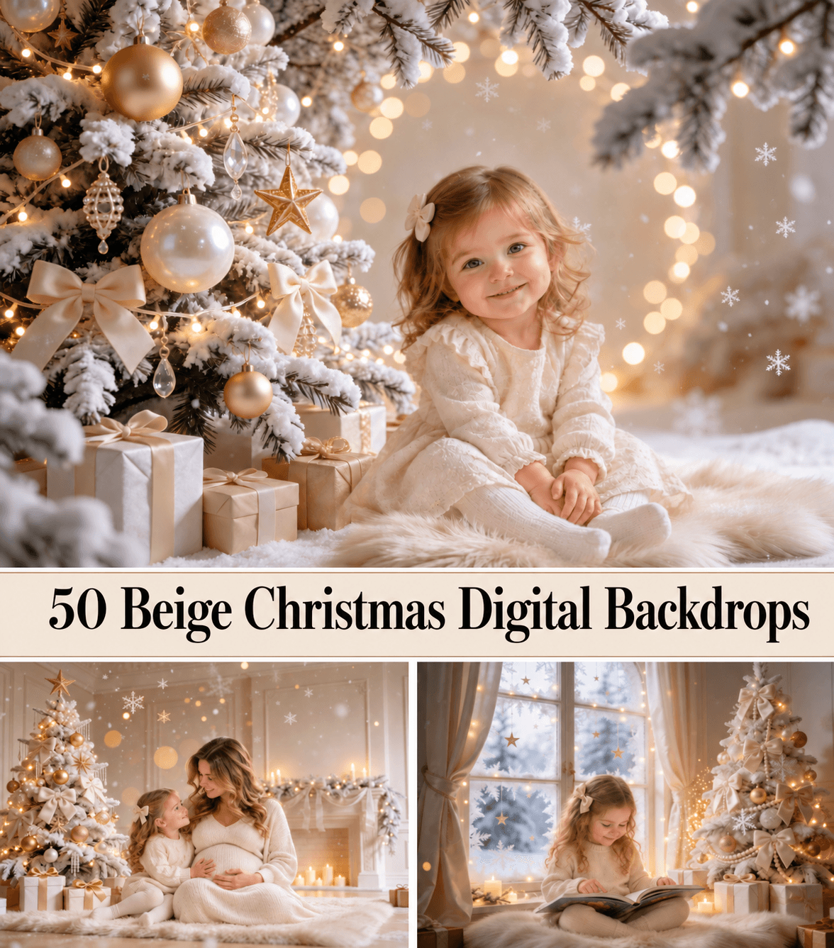 50 Beige Christmas Digital Backdrops for Photography - Image 1