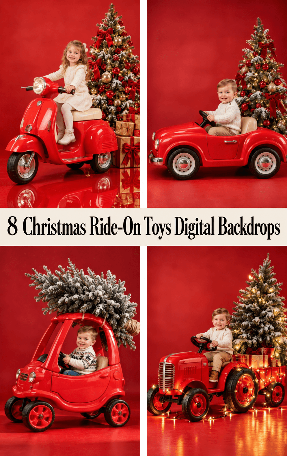 Christmas Ride-On Toys Digital Backdrop Bundle: Red Vintage Vehicles - Image 1