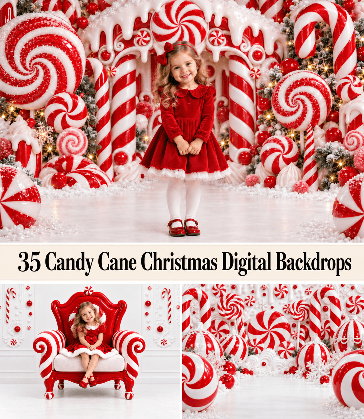 Candy Cane Christmas Backdrops, Peppermint Wonderland Digital Backgrounds, Kids Holiday Photography Set, 35 JPG - Image 1