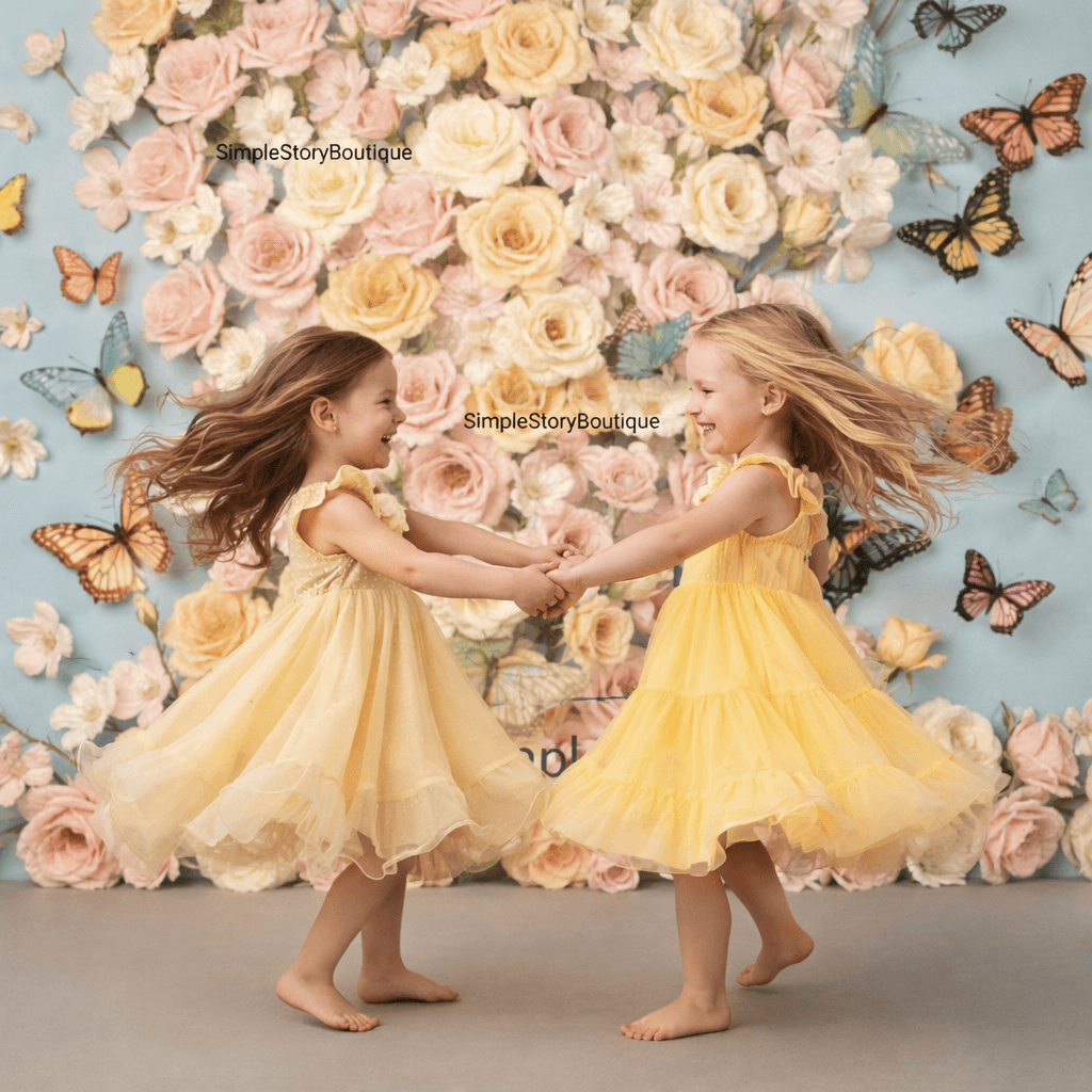 Floral Backdrop with Butterflies and Girls, Pastel Flower Wall, Spring Photoshoot Background, Kids Photography Prop