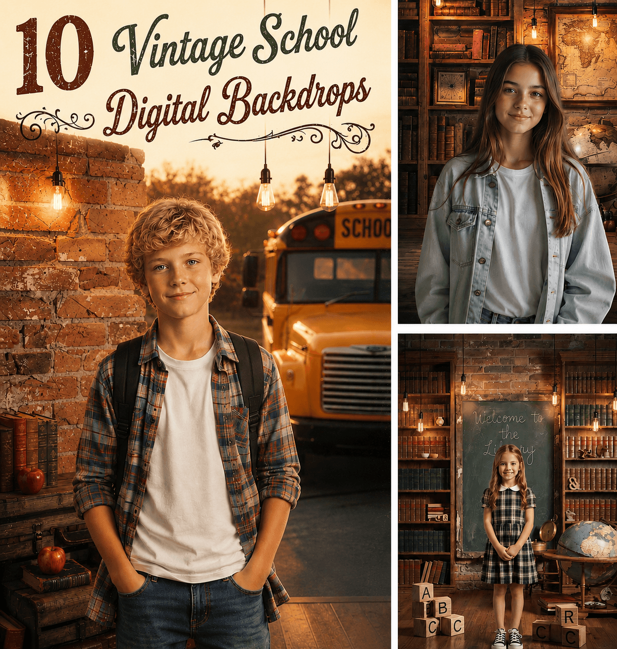 10 Vintage School Digital Backdrops Bundle | Retro Classroom Backgrounds | Library & School Bus Photo Backdrops | School Portrait Composite Templates