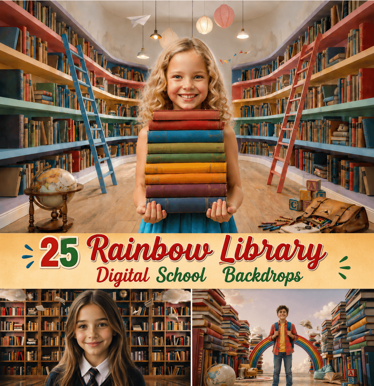 25 Rainbow Library Digital Backdrops Bundle | School Library Backgrounds | Book-Themed Portrait Backdrops | Composite Photo Templates