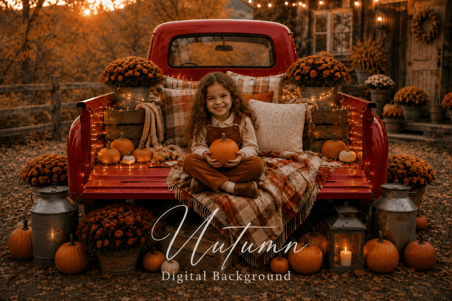 Autumn Digital Background, Fall Truck Backdrop, Pumpkin Portrait Background, Rustic Farm Fall Scene, Autumn Photography Backdrop